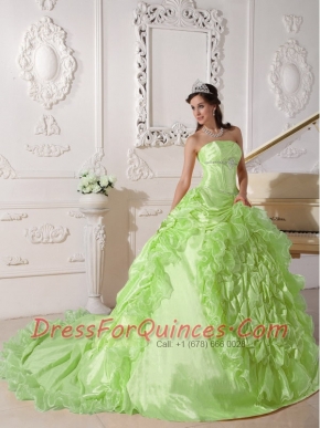 Yellow Green Quinceanera Dress Ball Gown Strapless With Chapel Train Taffeta Beading In New Styles