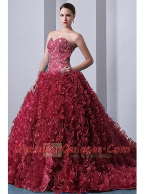 Red A-Line / Princess Sweetheart Brush Train  Organza Beading and Ruffles Ball Gown Dress
