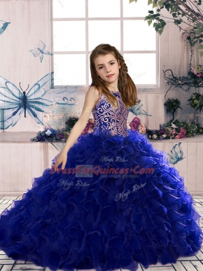 Floor Length Lace Up Little Girl Pageant Gowns Royal Blue for Party and Sweet 16 and Wedding Party with Beading and Ruffles