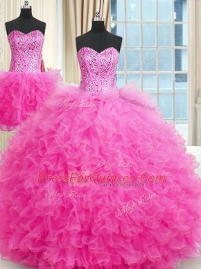 Three Piece Ball Gowns 15 Quinceanera Dress Rose Pink Strapless Tulle Sleeveless Floor Length Lace Up