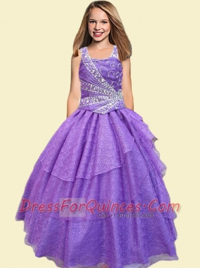 2014 Beautiful A-Line Straps Purple Little Girl Pageant Dress with Beading