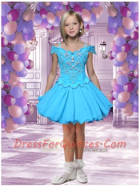 Fashionable A-Line Off Shoulder Mini-length Beading Aqua Blue Little Girl Dress