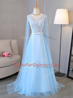 Baby Blue Empire V-neck Long Sleeves Tulle Lace Up Beading and Belt Prom Dress