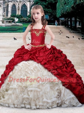 Straps White and Wine Red Ball Gowns Beading and Appliques and Ruffles and Pick Ups Kids Pageant Dress Lace Up Organza and Taffeta Sleeveless Floor Length