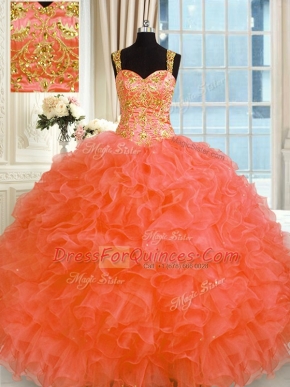 Glorious Orange Red Ball Gowns Organza Straps Sleeveless Embroidery and Ruffles Floor Length Lace Up Sweet 16 Dresses