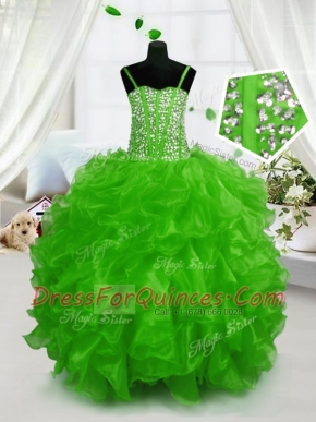 Green Spaghetti Straps Lace Up Beading and Ruffles Flower Girl Dress Sleeveless