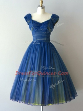 A-line Quinceanera Court of Honor Dress Blue V-neck Chiffon and Tulle Cap Sleeves Knee Length Lace Up