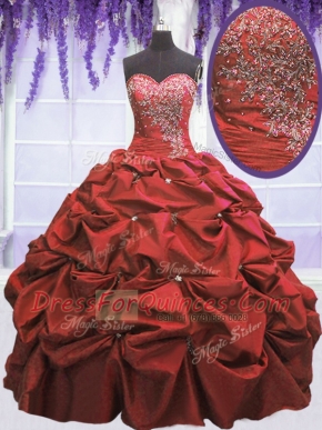 Sweetheart Sleeveless 15th Birthday Dress Floor Length Beading and Pick Ups Coral Red Taffeta