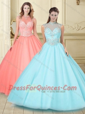 Classical See Through High Neck Zipper Up Quinceanera Gown in Aque Blue