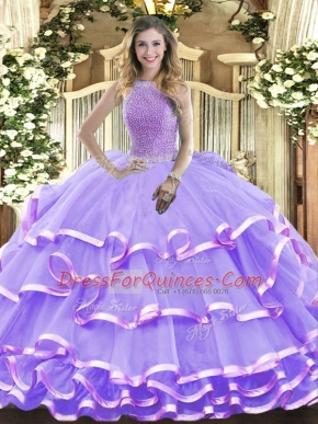 Noble Lavender Ball Gowns Organza High-neck Sleeveless Beading and Ruffled Layers Floor Length Lace Up 15 Quinceanera Dress