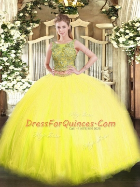 Cheap Yellow Scoop Neckline Beading Quinceanera Dresses Sleeveless Lace Up