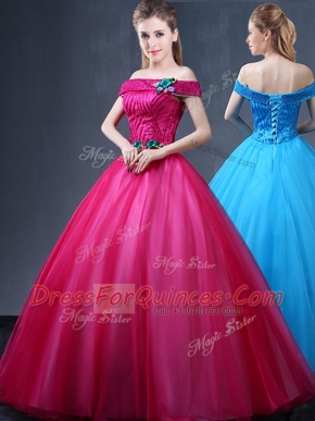 Off the Shoulder Floor Length Lace Up Ball Gown Prom Dress Fuchsia for Military Ball and Sweet 16 and Quinceanera with Beading and Appliques