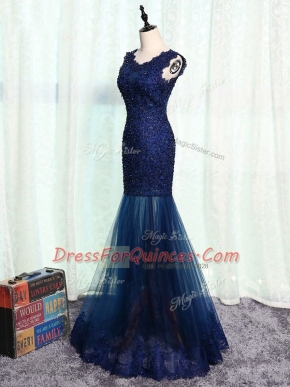 Beauteous Sleeveless Floor Length Beading and Lace and Appliques Zipper Evening Dress with Navy Blue