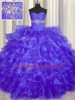 Comfortable Sweetheart Sleeveless Organza Quince Ball Gowns Beading and Ruffled Layers Lace Up