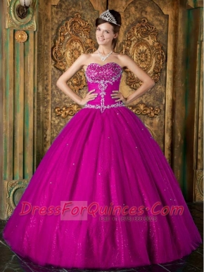 Fuchsia A-Line  Sweetheart Floor-length 15th Birthday Dresses with Beading Tulle
