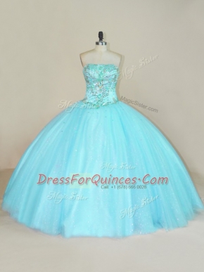Aqua Blue Sleeveless Floor Length Beading Lace Up Quinceanera Gown