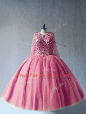 Pink Tulle Lace Up Quinceanera Gowns Long Sleeves Floor Length Beading