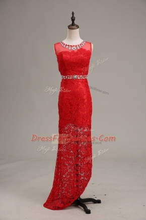 Floor Length Red Homecoming Dress Scoop Sleeveless Zipper