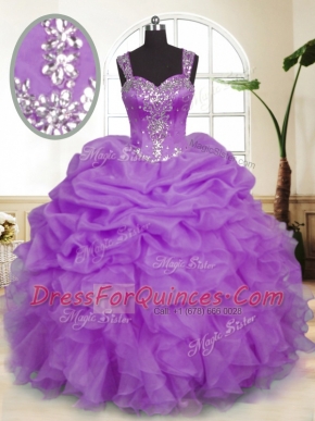 Cute Pick Ups Ball Gowns Sweet 16 Quinceanera Dress Lavender Straps Organza Sleeveless Floor Length Zipper