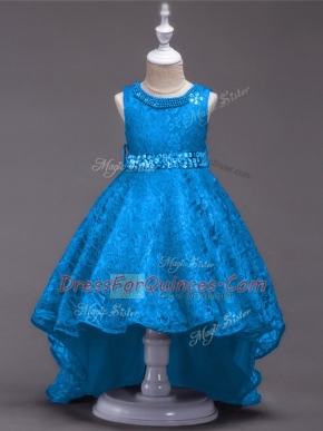 Popular High Low Blue Toddler Flower Girl Dress Lace Sleeveless Beading