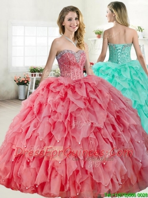 Discount Coral Red Quinceanera Dress with Beading and Ruffles