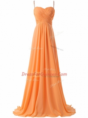 Excellent Orange Prom Dress Chiffon Sweep Train Sleeveless Ruching