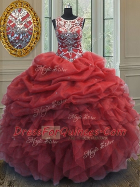 Scoop Coral Red Lace Up Quince Ball Gowns Beading and Ruffles and Pick Ups Sleeveless Floor Length