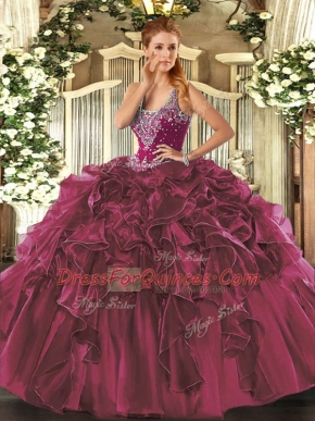 Glorious Sleeveless Floor Length Beading and Ruffles Lace Up 15 Quinceanera Dress with Burgundy