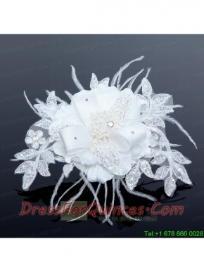 2014 White Pearl Lace and Feather Wedding Hair Flowers