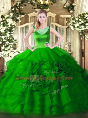 Best Floor Length Green Sweet 16 Dresses Organza Sleeveless Beading and Ruffled Layers