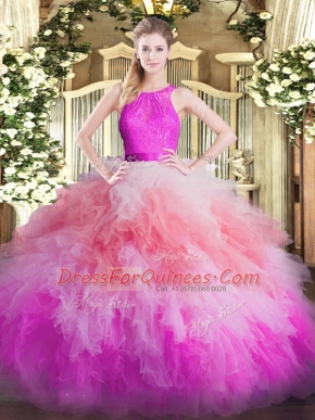 Multi-color Ball Gowns Scoop Sleeveless Organza Floor Length Zipper Lace and Ruffles Quinceanera Gown