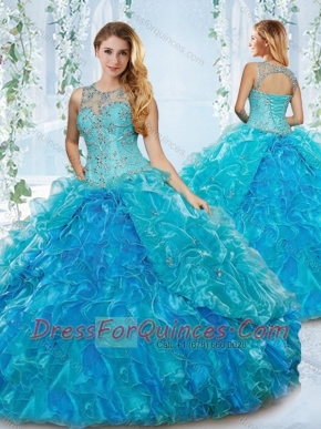 Modern See Through Blue Detachable Sweet 16 Dress with Beading and Ruffles