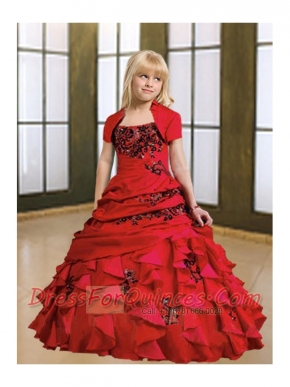 2014 Beautiful Ball Gown Straps Appliques Red Little Girl Pageant Dress
