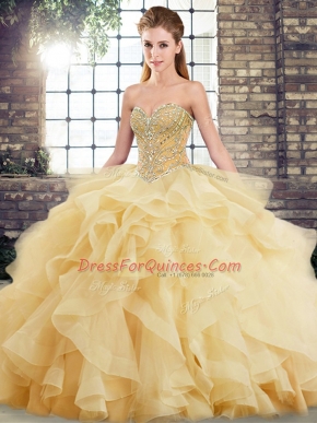 Delicate Gold Ball Gowns Sweetheart Sleeveless Tulle Brush Train Lace Up Beading and Ruffles Vestidos de Quinceanera