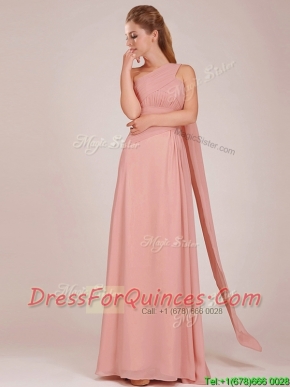 Elegant Empire One Shoulder Ruched Peach Long Prom Dresses