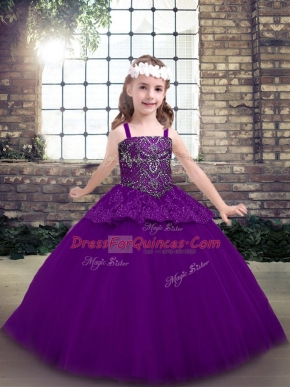 Classical Straps Sleeveless Pageant Dress Floor Length Beading Purple Tulle