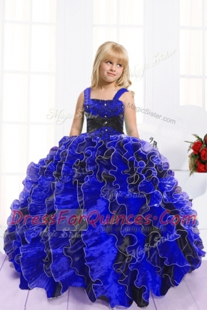 Spaghetti Straps Sleeveless Lace Up Flower Girl Dress Blue And Black Organza