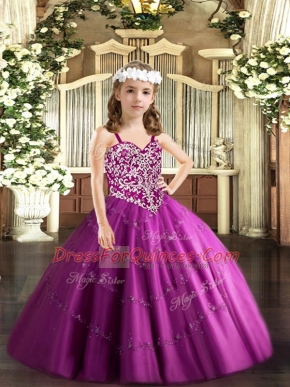 Fuchsia Lace Up Little Girls Pageant Dress Wholesale Beading and Appliques Sleeveless Floor Length