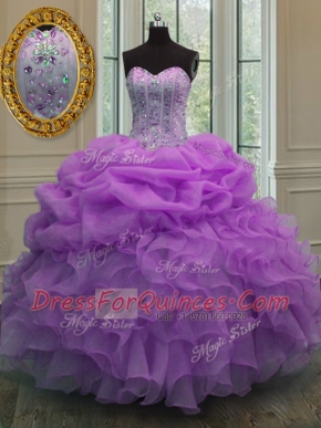 Custom Made Lilac Ball Gowns Beading and Pick Ups Vestidos de Quinceanera Lace Up Organza Sleeveless Floor Length