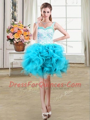 Straps Mini Length Lace Up Baby Blue for Prom and Party with Beading and Lace and Ruffles