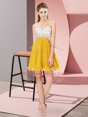Ideal Gold Empire One Shoulder Sleeveless Chiffon Mini Length Criss Cross Beading Evening Dress
