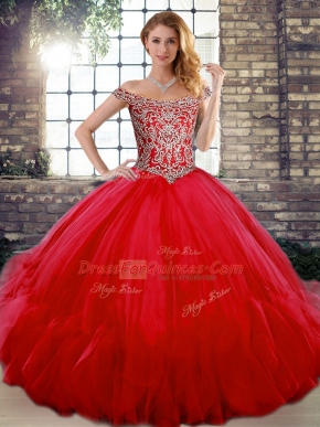 Custom Fit Off The Shoulder Sleeveless Lace Up Quince Ball Gowns Red Tulle