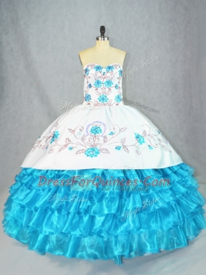 Fabulous Floor Length Lace Up Sweet 16 Dresses Baby Blue for Sweet 16 and Quinceanera with Embroidery and Ruffled Layers