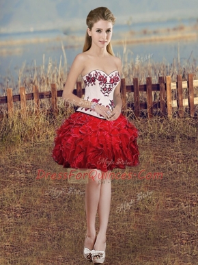 Red Sleeveless Embroidery and Ruffles Mini Length Dress for Prom