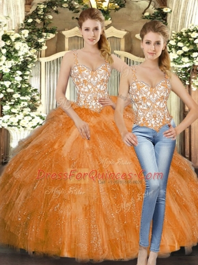 Sweet Orange Red Sleeveless Floor Length Beading and Ruffles Lace Up 15 Quinceanera Dress