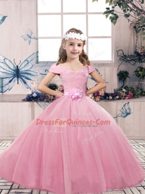 Super Lace and Bowknot Girls Pageant Dresses Pink Lace Up Sleeveless Floor Length