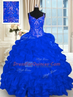 Pick Ups Ball Gowns Sleeveless Royal Blue Quinceanera Gown Brush Train Lace Up