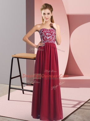 Sweetheart Sleeveless Prom Dress Floor Length Beading Wine Red Chiffon