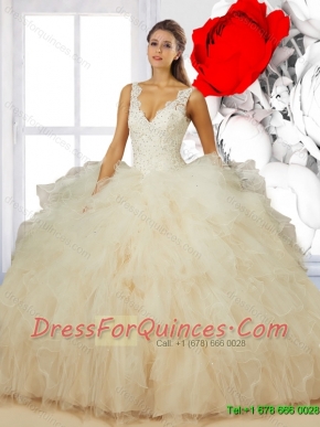 Elegant 2015 Summer V Neck Champagne Quinceanera Dresses with Ruffles