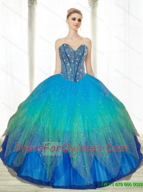 2015 Low Price Beading Sweetheart Tulle Turquoise Quinceanera Dresses
